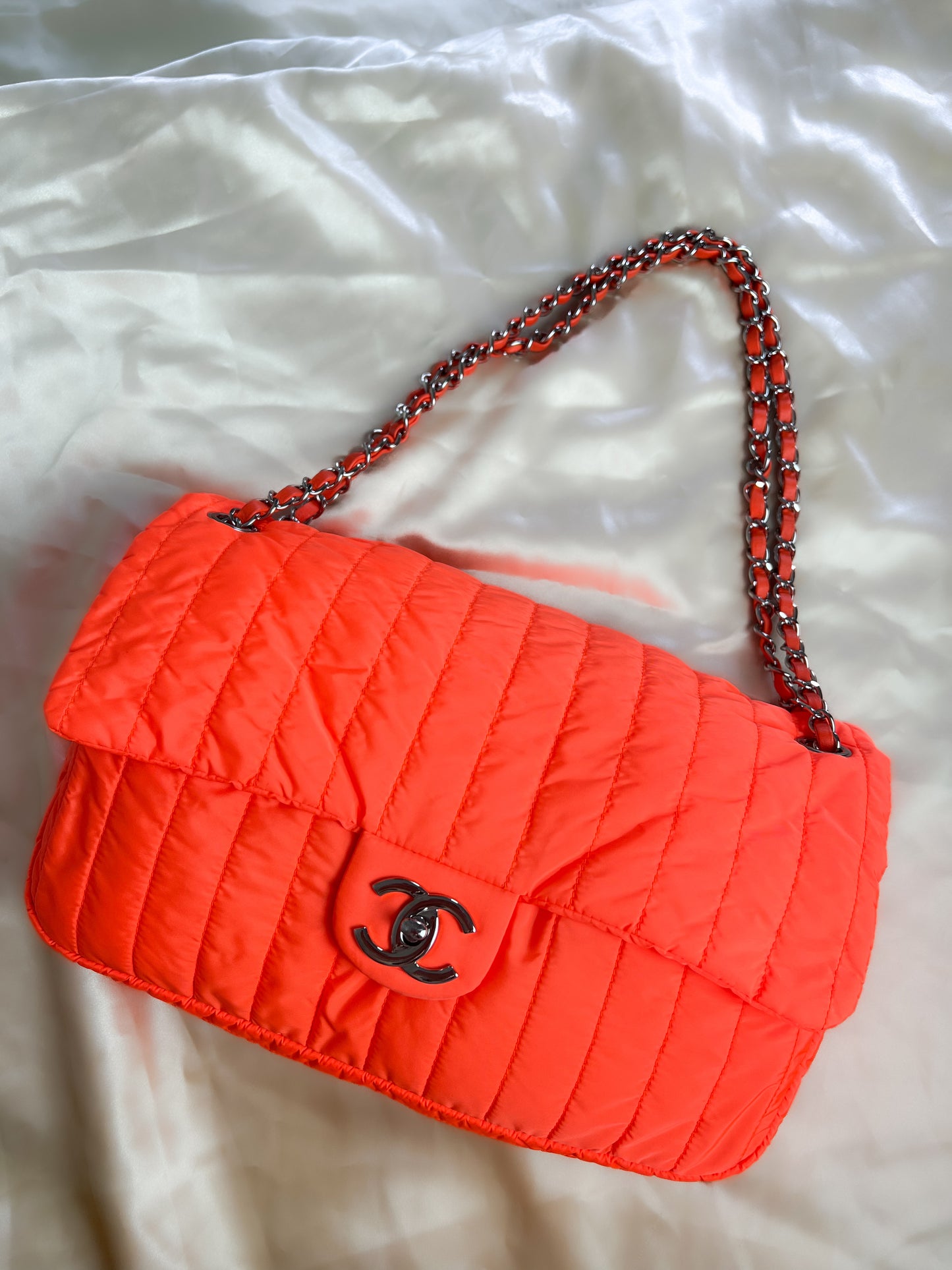 Chanel Classic Flap Soft Shell Vertical Quilted Jumbo Orange Nylon Shoulder  Bag